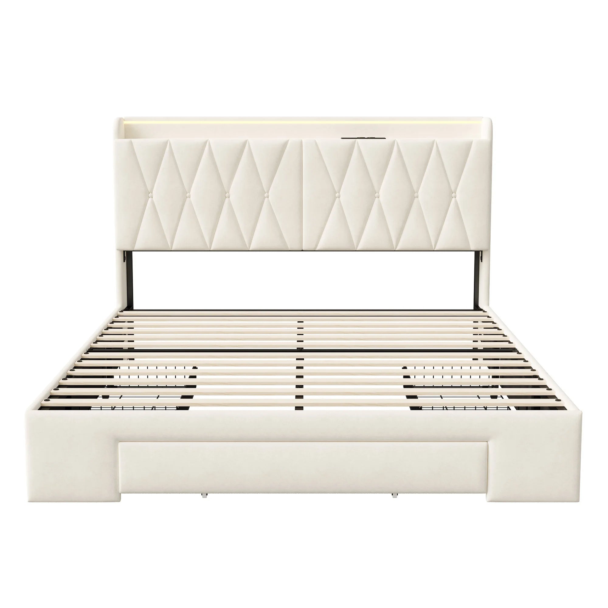 VELVET HAVEN - Upholstered Storage Bed - LED, USB Charging, 3 Drawers