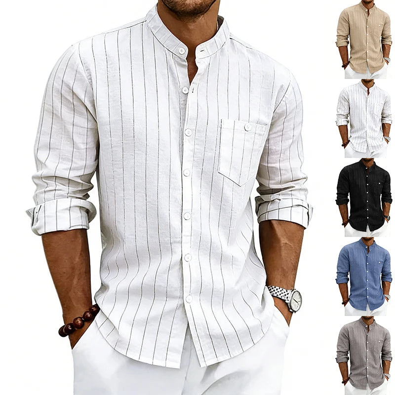 STRIPED LINEN JACQUARD SHIRT - Stand Collar, Loose Fit, Long Sleeve - Easy Days