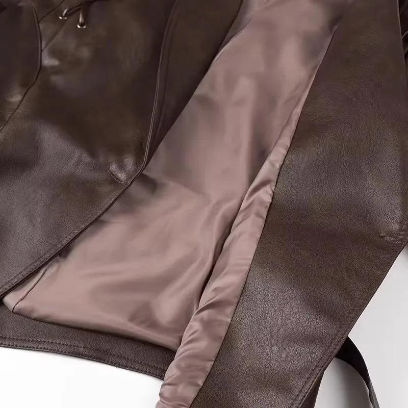 Mauroicardi Spring Autumn Short Retro Brown Pu Leather Jacket Women Sashes Lace Up Luxury Designer Emo Clothes European Fashion