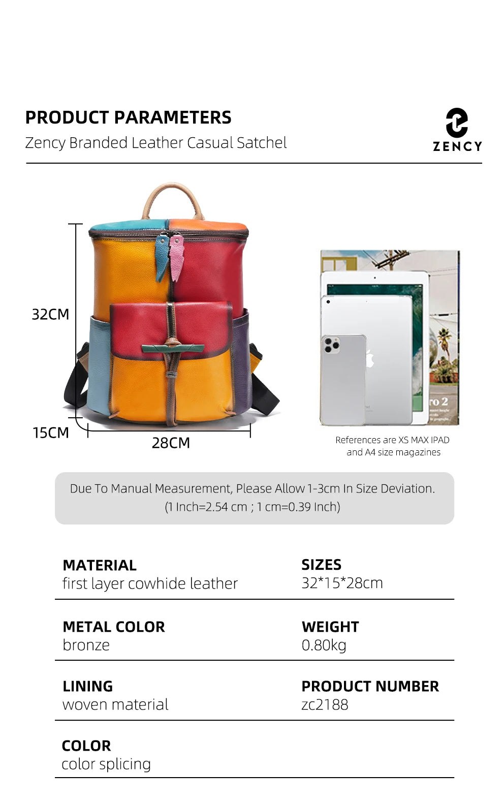 Patchwork Soft Cow Leather Backpack Rainbow Multicolor Large