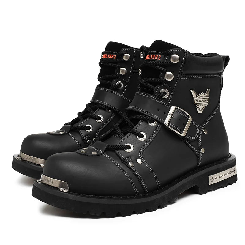 Men's Punk Rock Knight Boots Metal Rivets - Leather Motorcycle Winter EU 38-46
