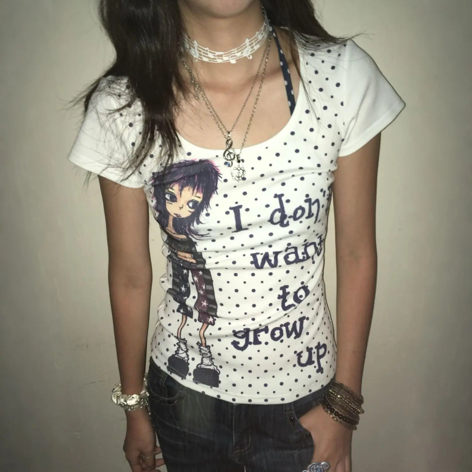 Japanese Y2k Anime Print T-shirt 2000s Polka Dots T Shirts Vintage Harajuku Short Sleeve Tee American Retro Street hottie top