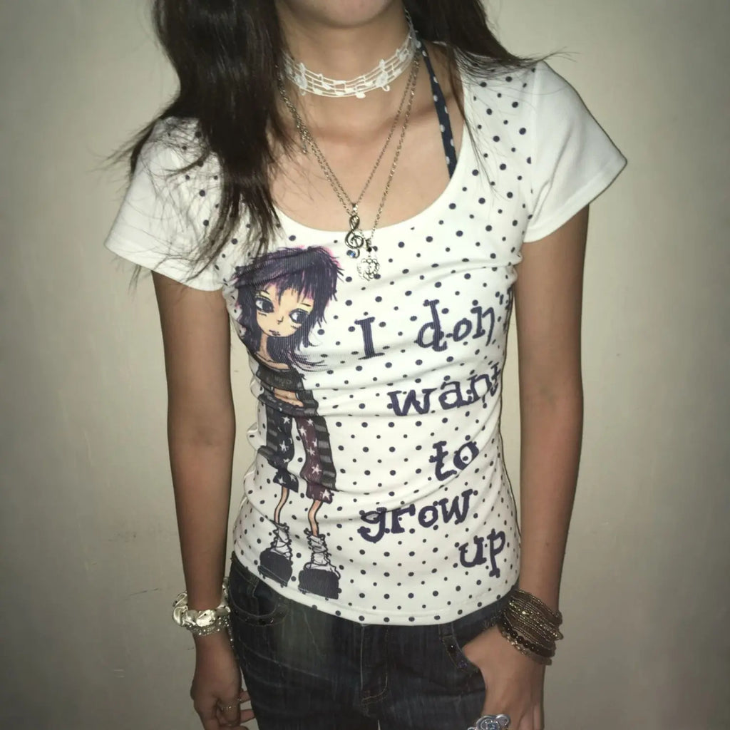 Japanese Y2k Anime Print T-shirt 2000s Polka Dots T Shirts Vintage Harajuku Short Sleeve Tee American Retro Street hottie top