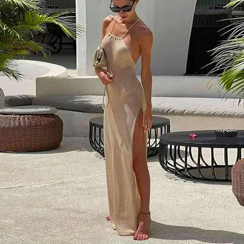 Women Backless Knitted Cover-up Maxi Dress Sexy Sheer Lace Up High Slit Bodycon Long Dress Summer Female Beach Vacation Sundress
