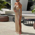 Women Backless Knitted Cover-up Maxi Dress Sexy Sheer Lace Up High Slit Bodycon Long Dress Summer Female Beach Vacation Sundress