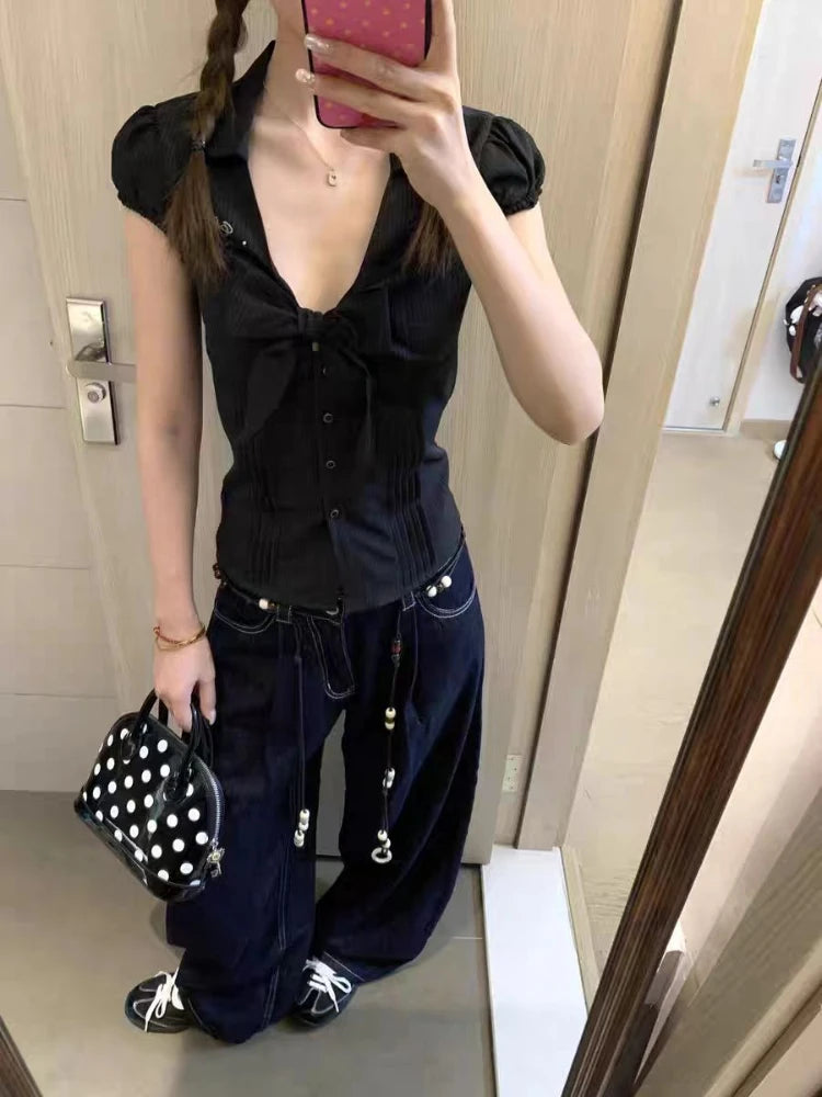 Nowa letnia koszula damska w kropki w stylu vintage, modna, dla „hot dziewczyny”, cienka, obcisła bluzka z kokardą, z krótkim rękawem, w stylu Hepburn, szykowna, Y2K