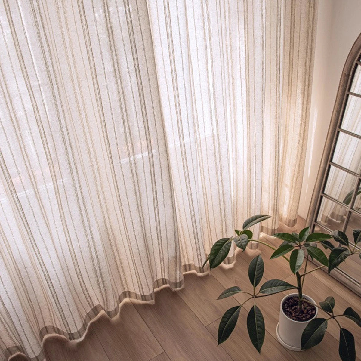 1PC Japanese Cotton Linen Curtain, Simple Filtered Light Stripe Design, Solid Color Hemp Texture, Hole-Processed, Suitable for L