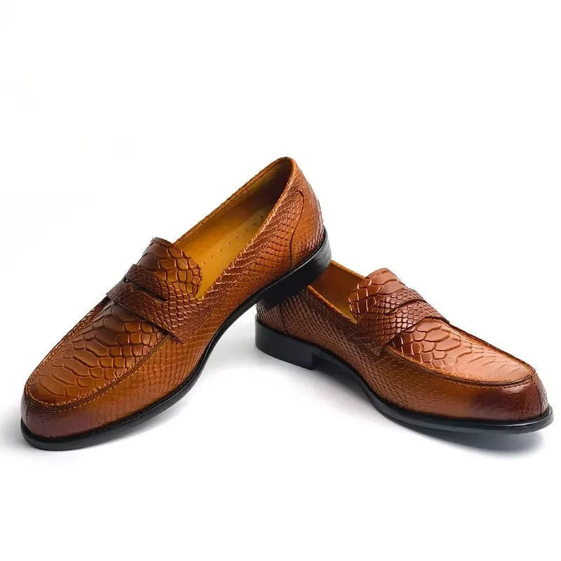 Men's Snake Print Penny Loafers - Genuine Leather Slip-On Pointed Toe Driving Shoes
