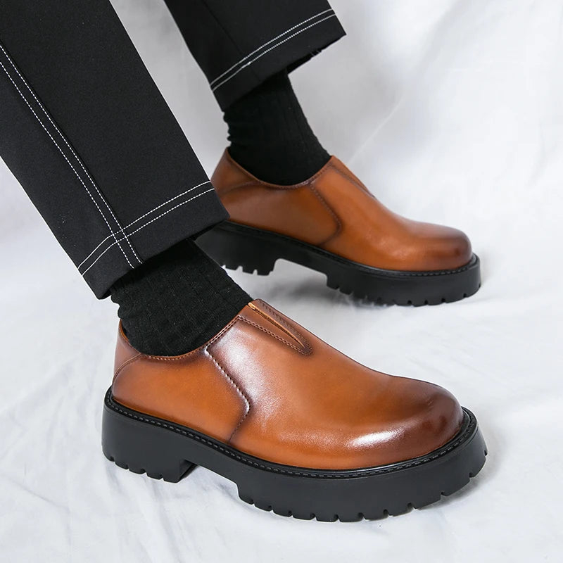 Men's Cowhide Loafers - Thick Sole Round Toe Breathable Casual Leather Shoes