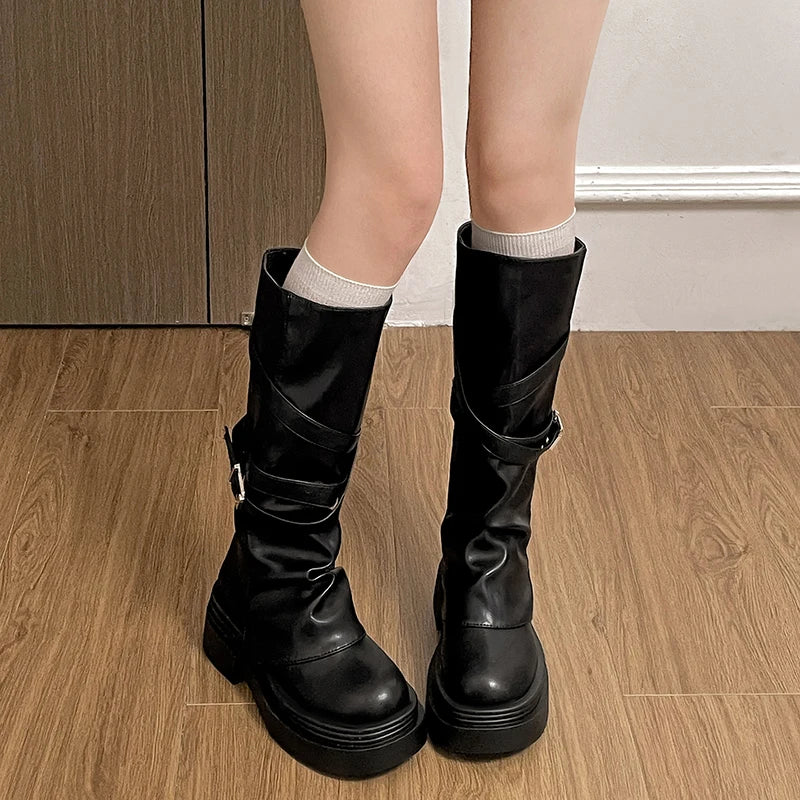 Vintage Knee-High Boots – Square Heel Slip-On Platform