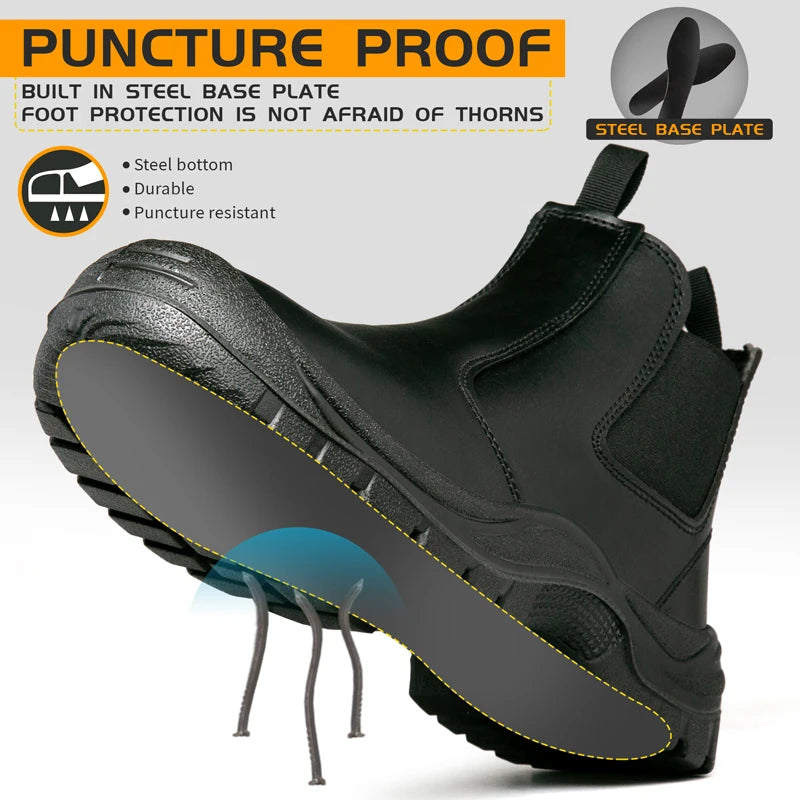 STEEL TOE WORK BOOTS - Men's Waterproof Slip-On Safety Boots - Puncture-Proof, Non-Slip