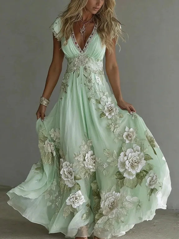 3d Pattern Women Summer Dress Floral Maxi Dress Short Sleeve V Neck A-line Swing Vestidos Floral Printed Beach Vacation Sundress