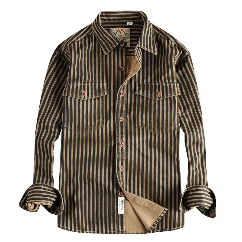 RETRO STRIPE - Men's Casual Shirt - Washed Cotton, Multi-Pocket, Autumn Style