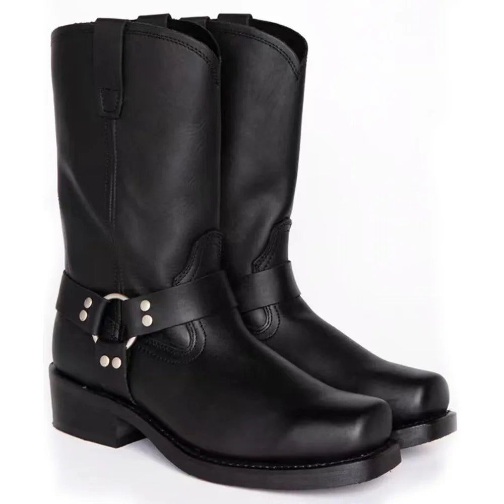 Men's Retro Western Cowboy Boots - Slip-On Square Toe Mid-Calf Waterproof