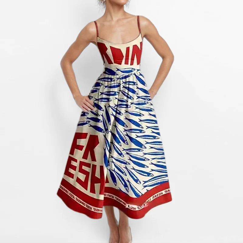 Retro Luxury Sardines Dress For Women Sexy Hand-Painted Printed Elegant Vest Summer 2025 Ladies Tight Chic Strap Long Dress
