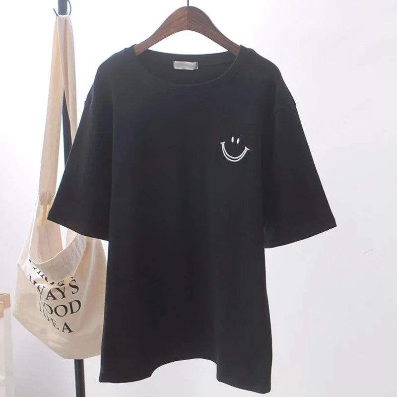 1pcs Girl Summer Smile Print T-shirts Women Classic Basic Fashion Tees Students Short Sleeve Loose Tops Female Round Neck Tshirt