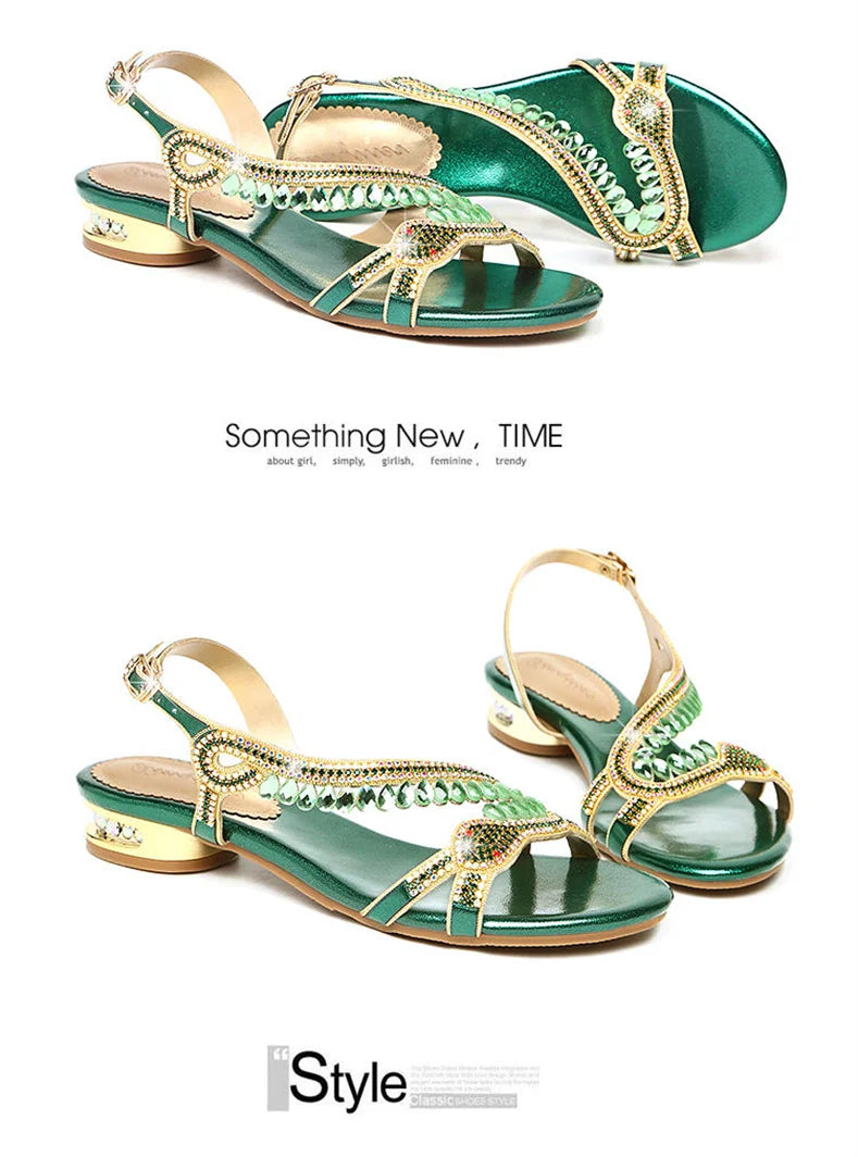 High-grade Rhinestones Fashion New Women's Summer Young Elegant Sandals Thick Heel Leisure Flat Bottomed Beach Sandals