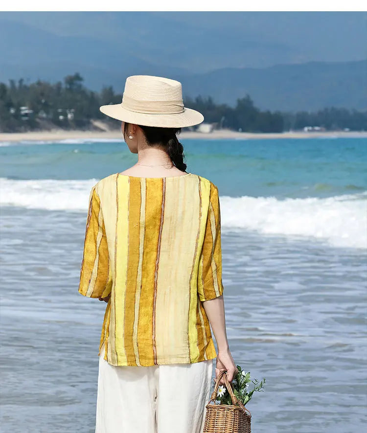 100% Linen Women Casual T-shirts New Arrival 2026 Summer O-neck Striped Loose Comfortable Female Half Sleeve Tops Tees M2571