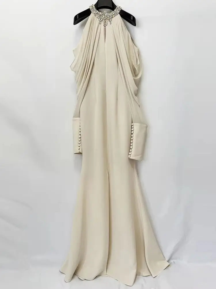 Beaded Evening Dress - Long Sleeves - Soft Elegance
