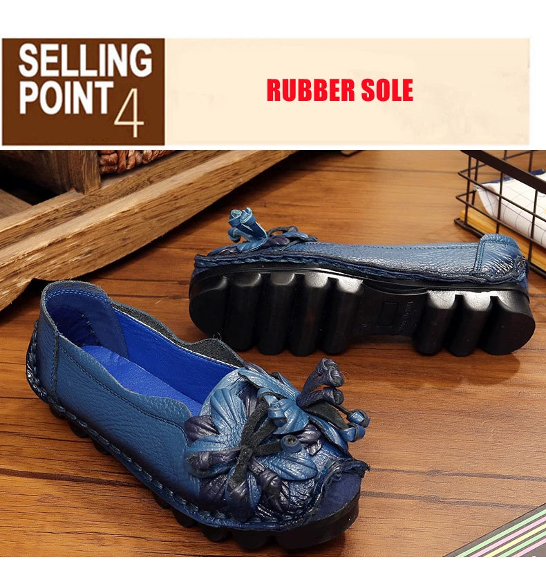 WOIZGIC Women Female Mother Ladies Genuine Leather Shoes Flats Loafers Non Slip On Flowers Retro Moccasins Plus Size 41 42