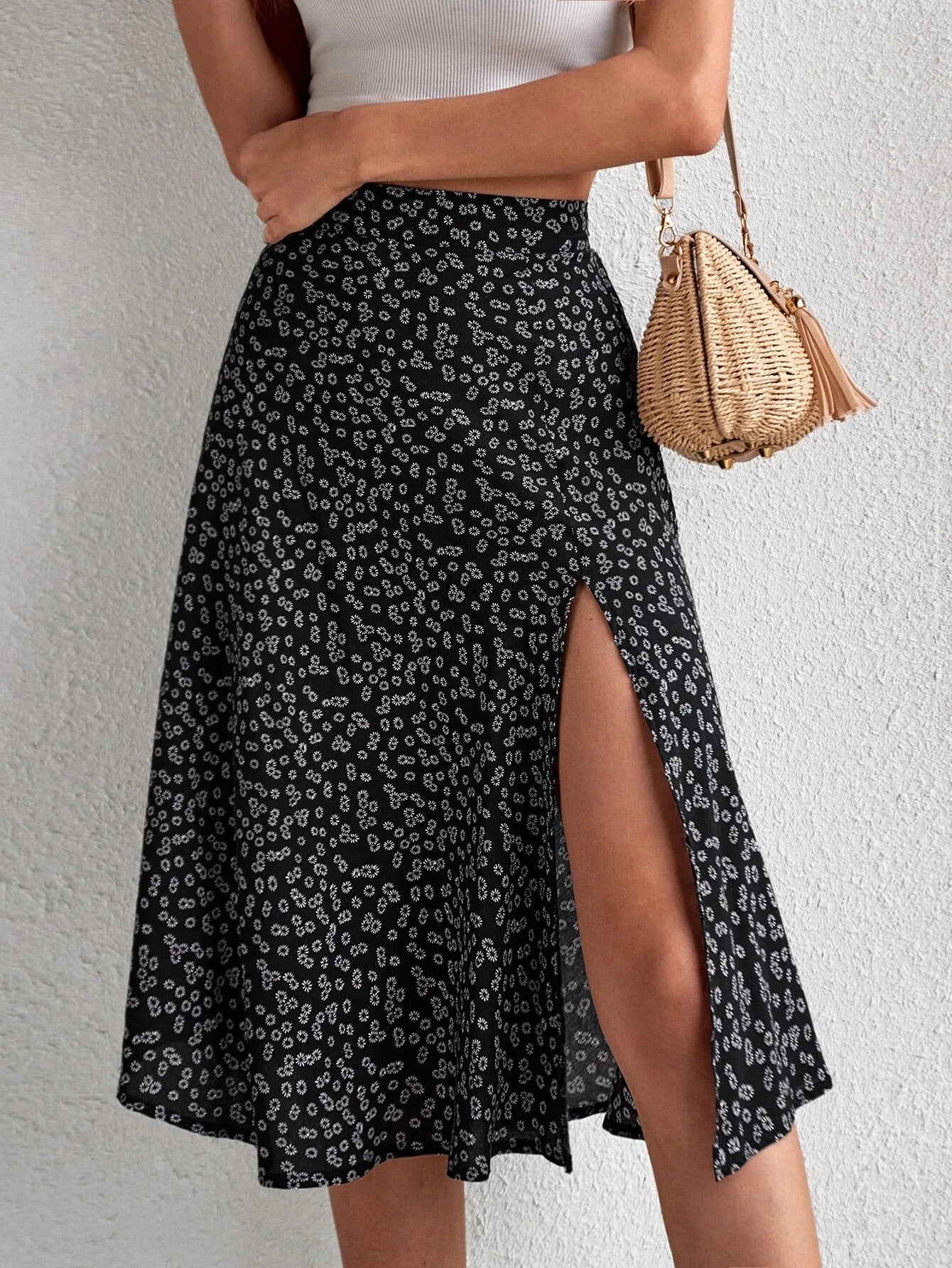 Spring and summer new women's versatile floral zipper split A-line skirt