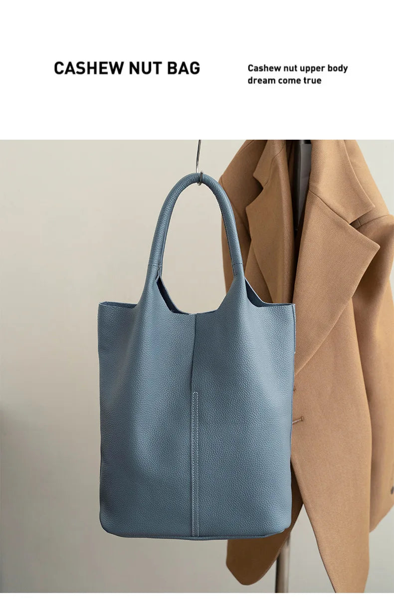 Genuine Grade Leather Women Commuter Tote Bag Ladies Soft Cowhide Tote Shoulder Handbag Large Female Bucket Bag Luxury Designer