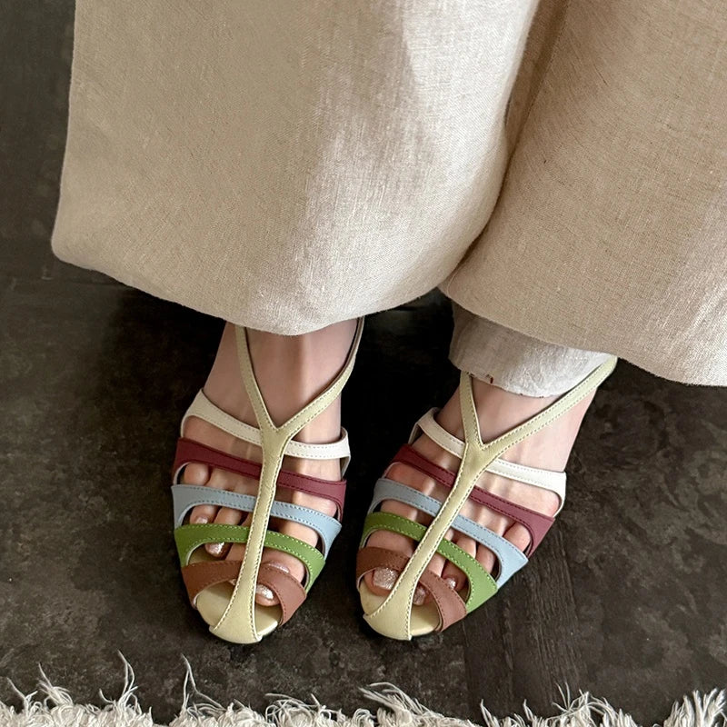 2026 New Genuine Leather Cowhide Women Sandals Buckle High Heels Mixed Color  Sandals Summer Fashion Party Womens Shoes