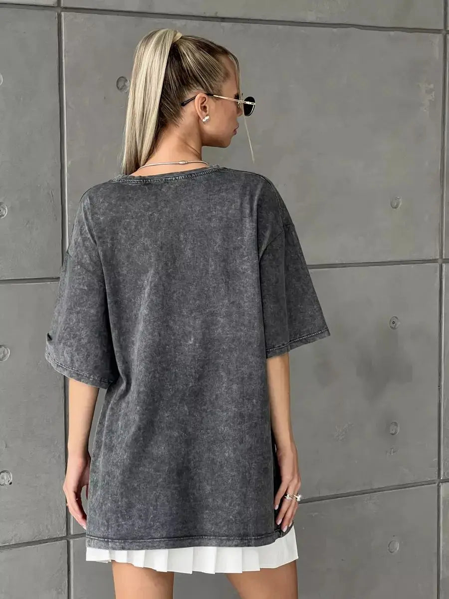 Women Leopard Letter Printed Washed T-shirt Cotton Oversized Womans Tops Fashion O-Neck Short Sleeve Tees Y2k Female Clothes