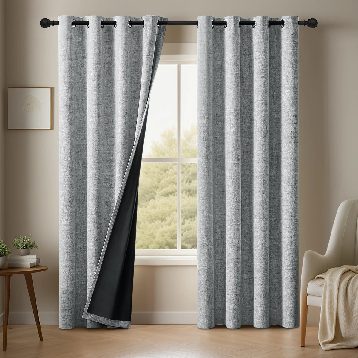 PLAIN BLACKOUT CURTAINS SET OF 2 - Linen Look, 3 Colors - Dark Rooms