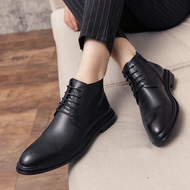 Men's Business Ankle Boots - Lace-Up Side Zipper PU Leather Round Toe Low Heel