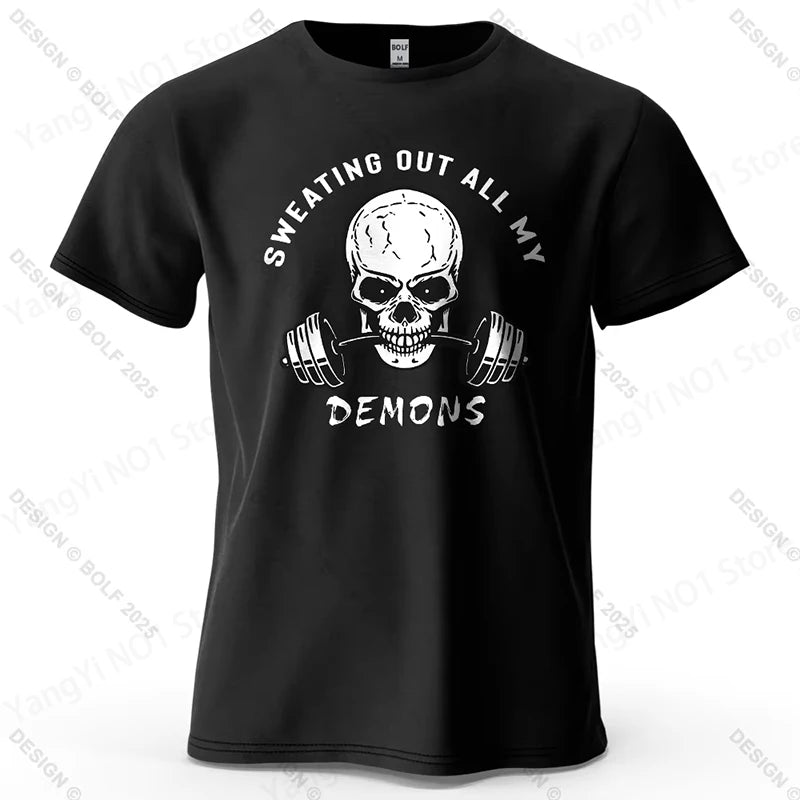 Fitness Skull Motivated Printed Men's T-Shirt 100% Cotton Oversized Gym Graphic Tees for Women Tops Tees Casual Streetwear T