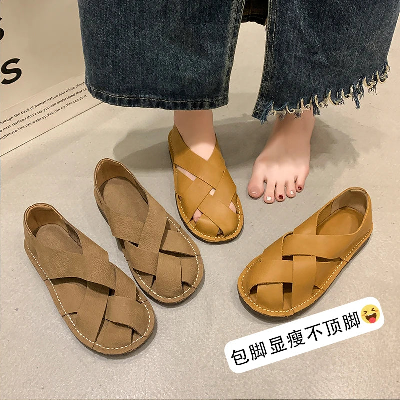 2024 Leather Women's Sandals Top Layer Cowhide Handmade Woven Women's Casual Flats Retro Mori Girl Shoes
