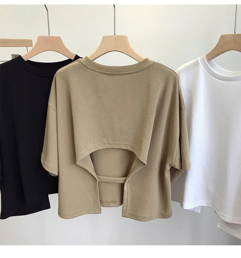 Summer Vintage Women's Short Sleeve Tee Korean Casual Backless Oversize T-Shirt Round Neck Short-Sleeved Crop Tops Y2k Brown Top