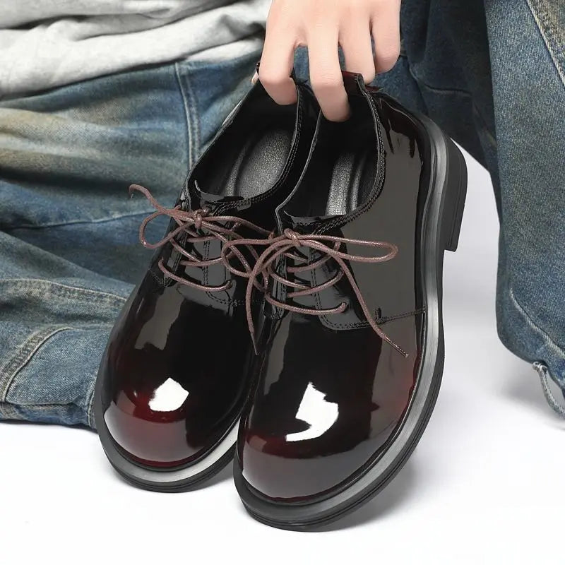 GLOSS BOSS - Men's Patent Leather Derby Shoes - Thick-Sole Lace-Up Casual Dress Shoes in Black & Burgundy