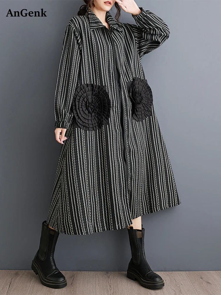 Striped Floral Trench Coat – Oversized Vintage Long