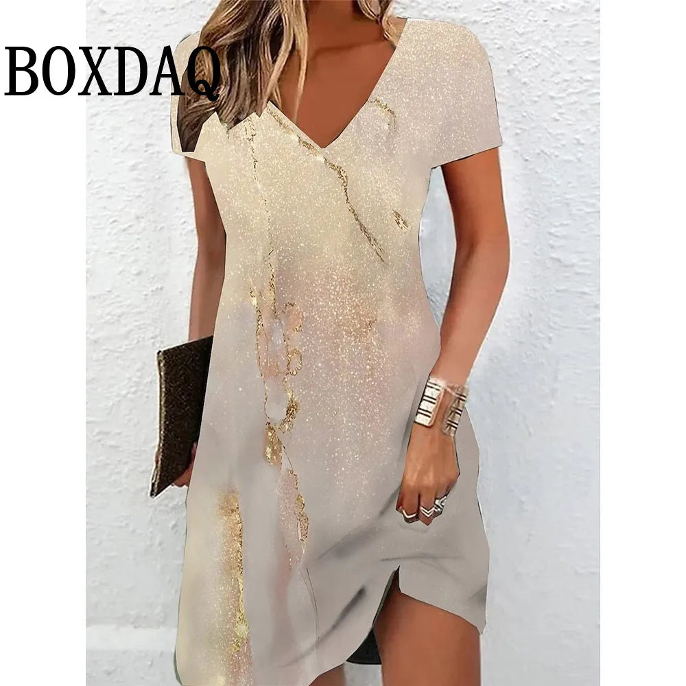 Elegant Women's Midi Dresses 2025 New Summer Fashion V-Neck 3D Printed Dress Casual Tie Dye Gradient Loose A-Line Dress Vestidos