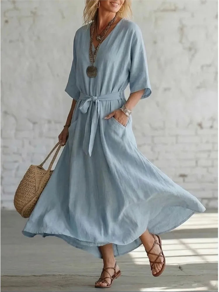 New Summer Elegant Simple Retro Cotton Linen V-neck Women's Dress Casual Mid-sleeve Solid Color Fashion Belt Wide Hem Long Skirt
