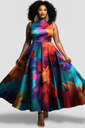Floral Printed Tank Dress for Women Round Neck Pleated A-Line Vintage Casual Elegant Ethnic Sleeveless Summer Female Long Dress