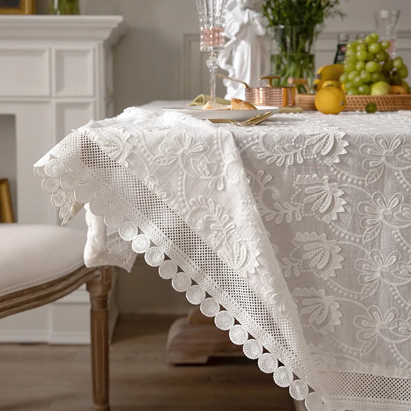 WHITE LACE TABLECLOTH - Cotton Floral Embroidery - Elegant Tables