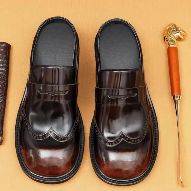 Men's Genuine Leather Platform Mules - Round Toe Slip-On Formal Half Shoes
