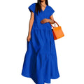 women sundress  Loose V-neck Patchwork Short Sleeves Solid Color Beach Dress Summer Women Dress Elegant Large Hem Maxi Dress