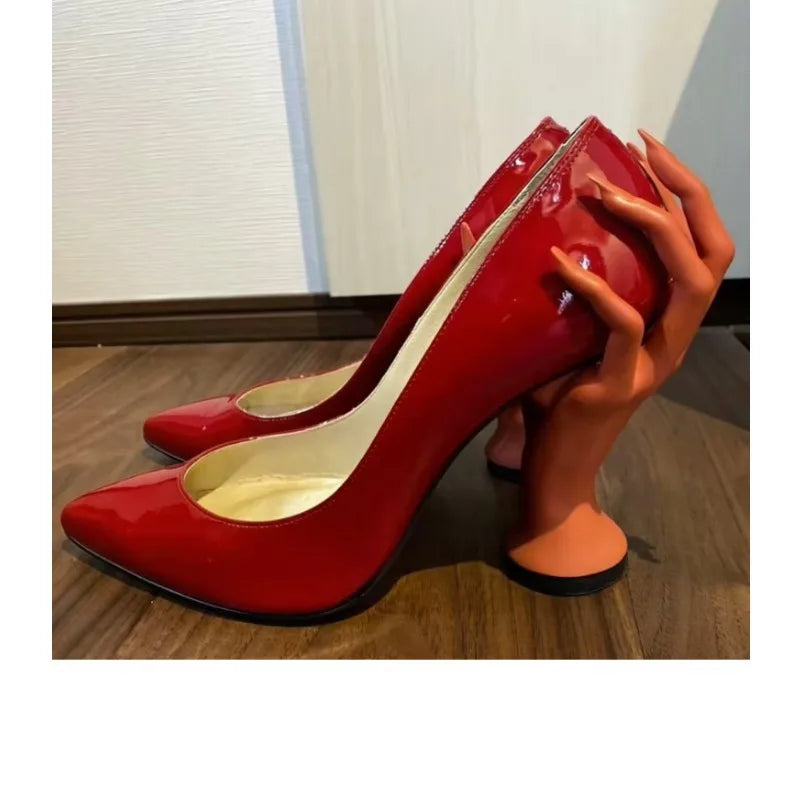 Patent Leather Pumps – Pointed Toe Sculptural Heel Slip-On
