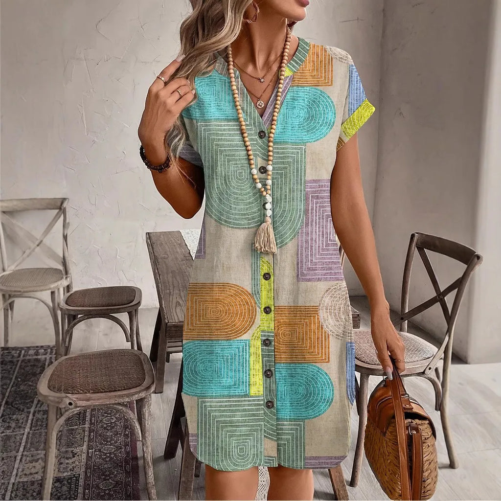 2025 European and American Women's Apparel Foreign Trade Amazon Summer Geometric Print Elegant V-Neck Button-Up Dress