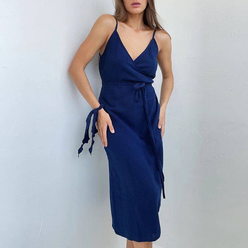 Vintage Women's Dress 100% Cotton Crepe Gauze V-Neck Sleeveless Bandage Long Maxi Elegant Dresses For Women