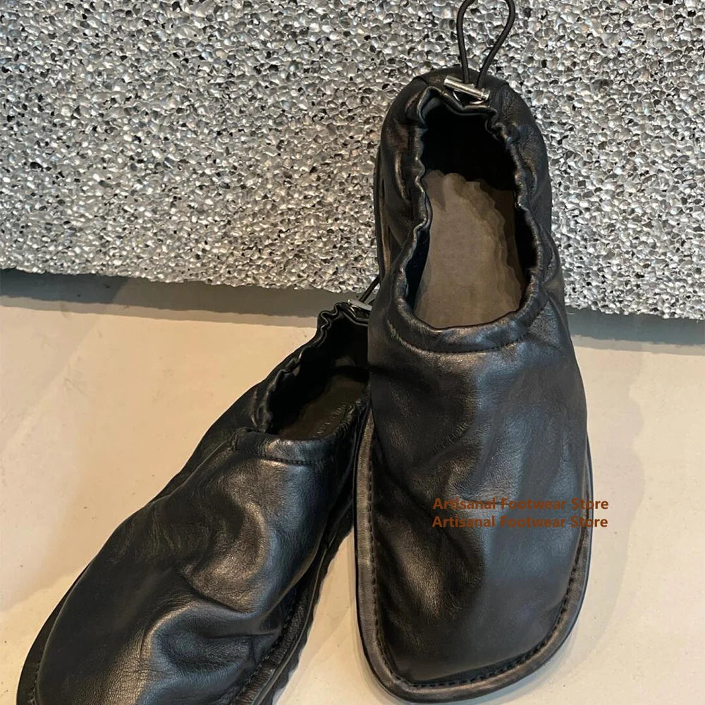 SQUARE EASE - Square Toe Elastic Strap Loafers - Wrinkled Leather, Flat Sole