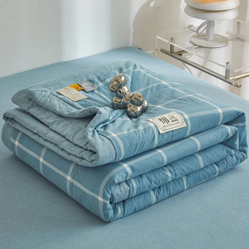 WASHED COTTON SUMMER COMFORTER - Pure Cotton Fill, Quilted Plaid - Cool Nights