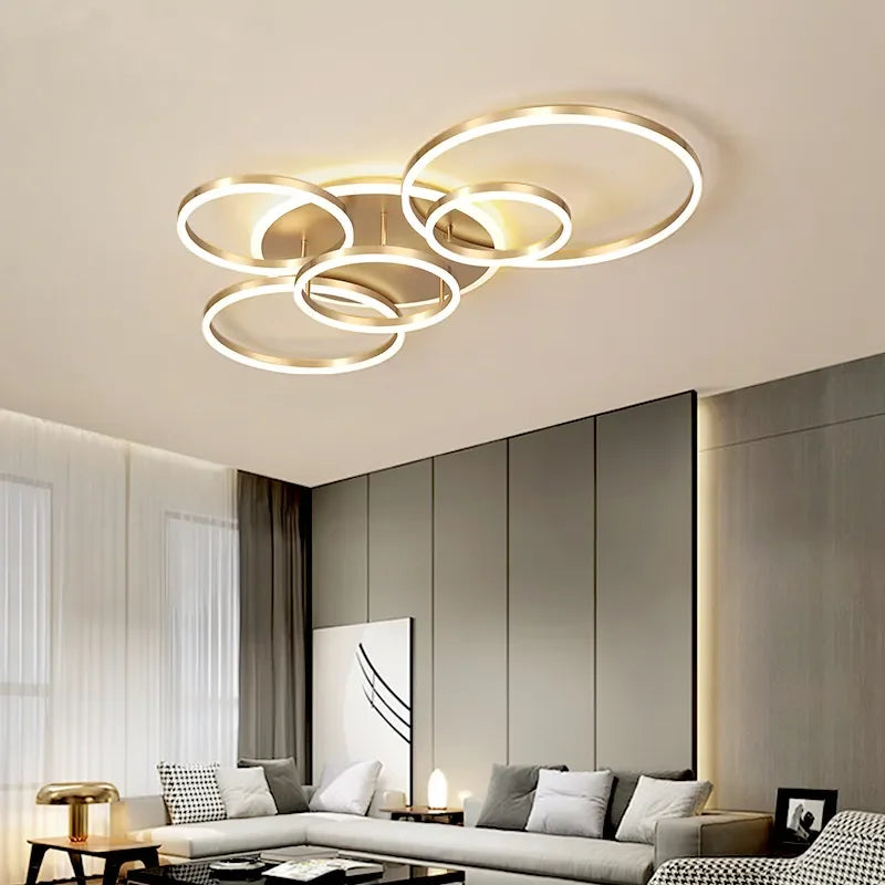 5-Ring LED Ceiling Light – Black/Gold/White, 2–6 Heads, Dimmable