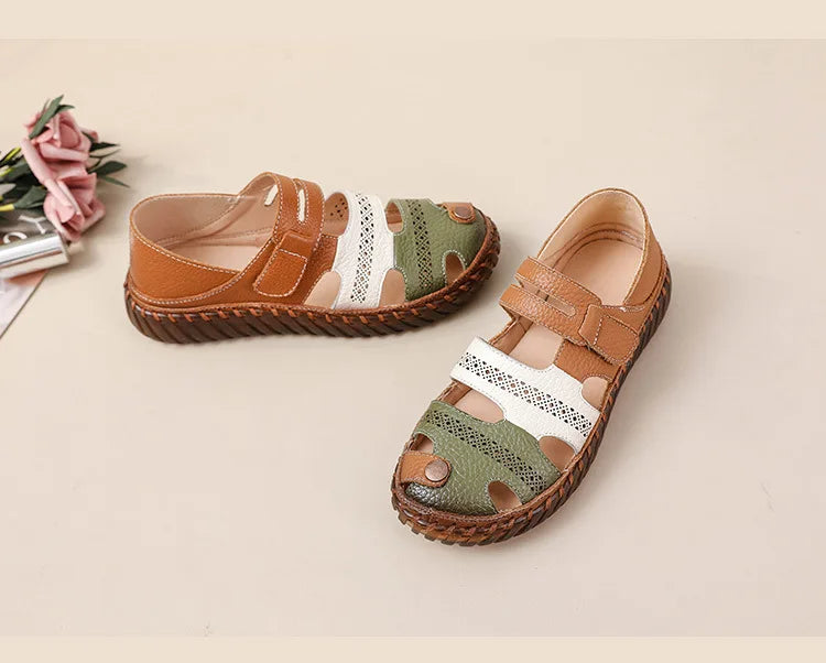New patches gladiator sandals women's handmade bohemian shoes big size 43 woman real leather sandal ladies patchwork strap flats