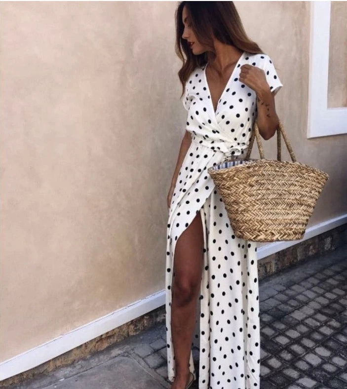 1pc Colorful Polka Dot Printed Maxi Dresses Women Summer V-Neck Short Sleeved Slit Long Dress Robe