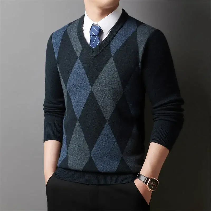 ARGYLE CLUB - Men's Plaid V-Neck Knit Sweater - 3 Colors, M–4XL